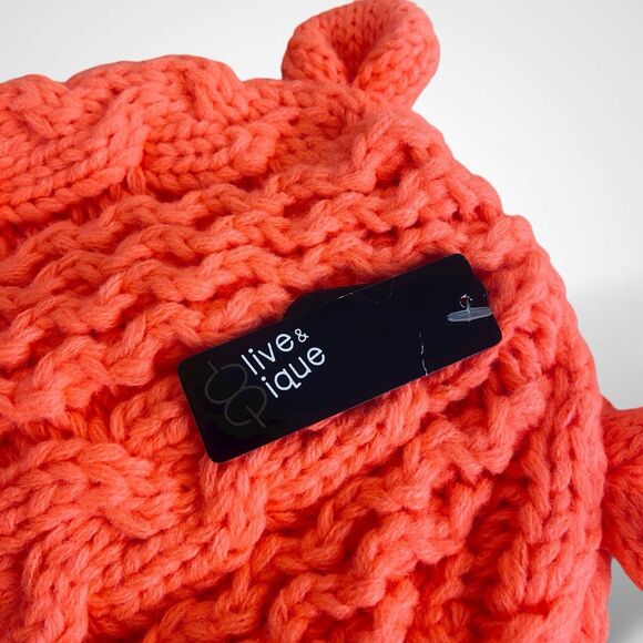 Olive Pique Bear Ear Beanie Hat Neon Orange Acrylic Cable Knit Cozycore Outdoor - Picture 4 of 9